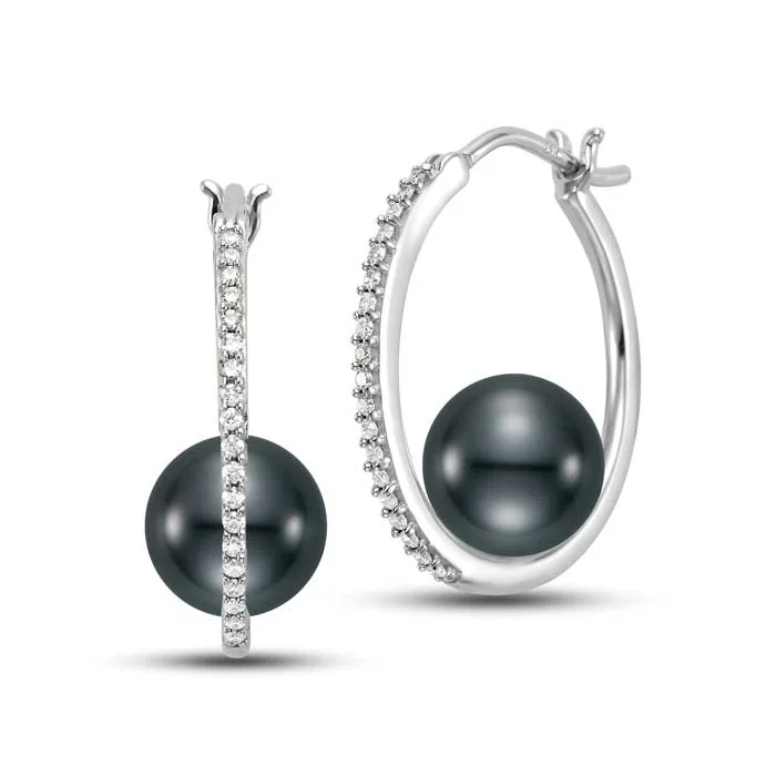 Hoop earrings with faceted crystals for added sparkle and shine-Mastoloni 8.5-9MM Tahitian Pearl and Diamond Hoop Earrings in 14K White Gold