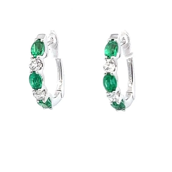 Hoop earrings with satin finishes for a smooth and elegant appearance-Mountz Collection Oval Emerald and Diamond Hinged Hoop Earrings in 14K White Gold