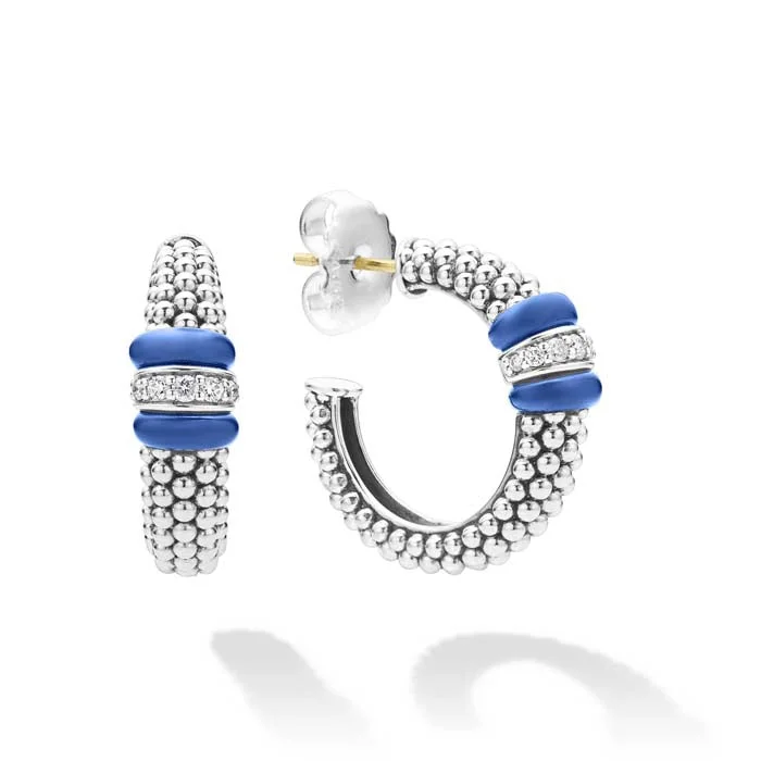 Hoop earrings with textured finishes for a vintage and classic style-LAGOS Ultramarine Blue Ceramic Caviar Diamond Hoop Earrings in Sterling Silver