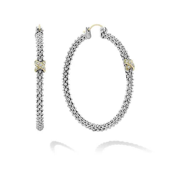 Hoop earrings with removable pendants for a versatile and customizable accessory-LAGOS Large X Diamond Caviar Hoop Earrings in Sterling Silver and 18K Yellow Gold