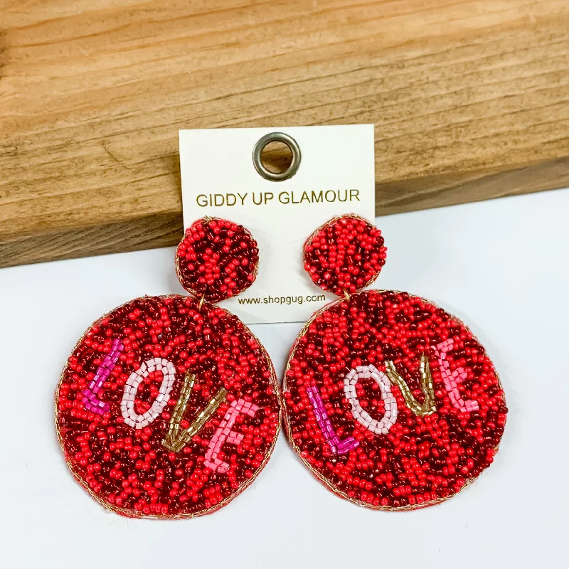 Best hoop earrings with hammered gold for a rustic yet elegant look-Beaded Circle Earrings with LOVE in Red Mix