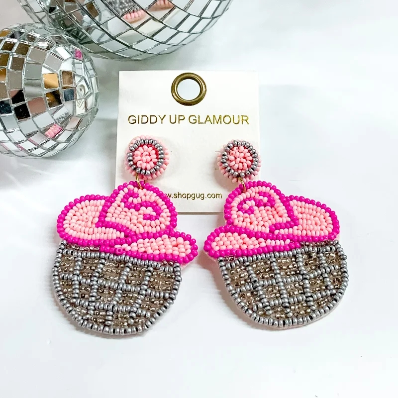 Hoop earrings with a chunky design for a bold and trendy statement-Beaded Cowboy Hat and Disco Ball Earrings in Pink and Silver