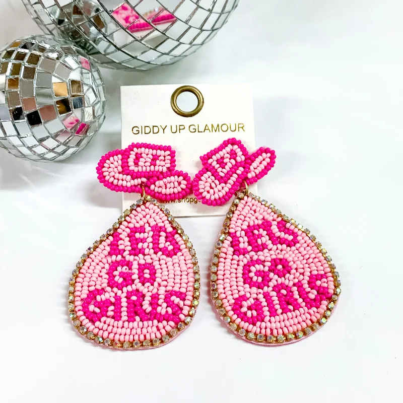 Best hoop earrings with marbled designs for a trendy and artistic effect-Let's Go Girls Beaded Cowboy Hat Post Earrings with Hanging Teardrop in Pink