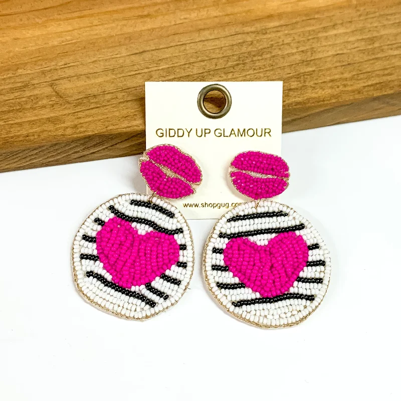 Hoop earrings with twisted leather for a chic and modern boho look-Beaded Lip Post Back Earrings with Circle Drop and Heart in Fuchsia Pink