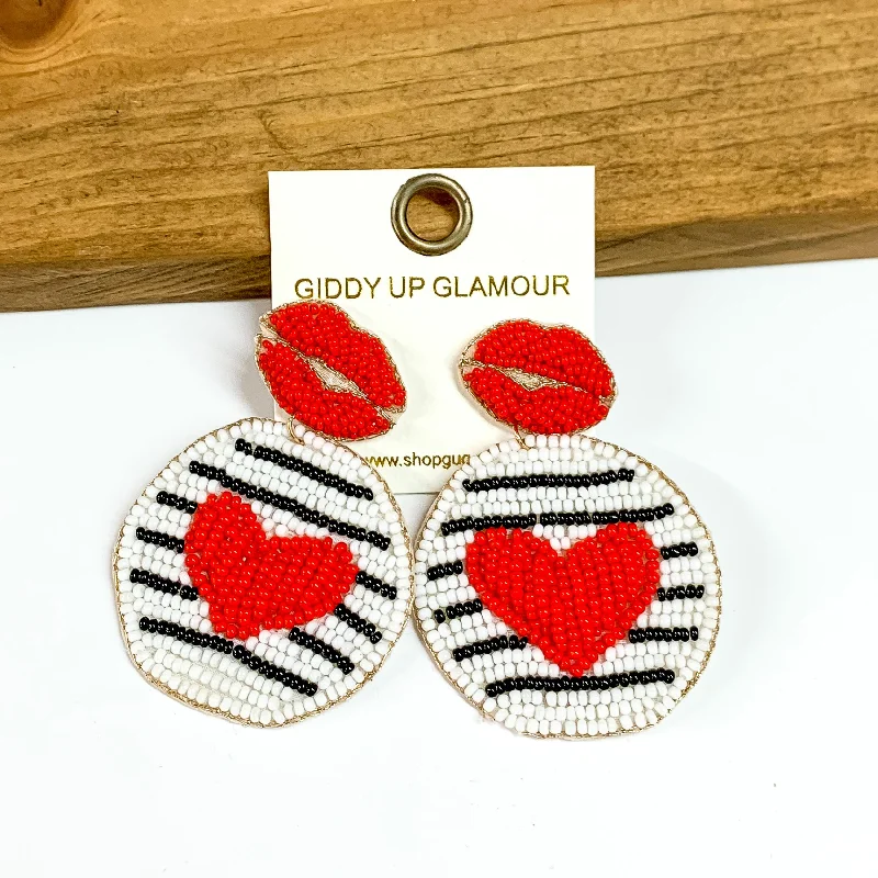 Hoop earrings with snake print designs for an edgy, wild appearance-Beaded Lip Post Back Earrings with Circle Drop and Heart in Red