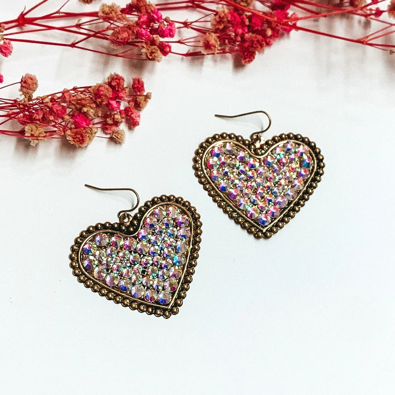 Hoop earrings with textured gold for a refined and sophisticated aesthetic-Bronze Tone Heart Earrings with AB Crystals