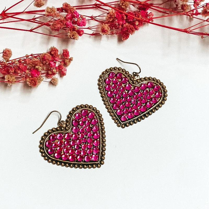 Best hoop earrings with multi-colored gemstones for a vibrant and lively touch-Bronze Tone Heart Earrings with Fuchsia Pink Crystals