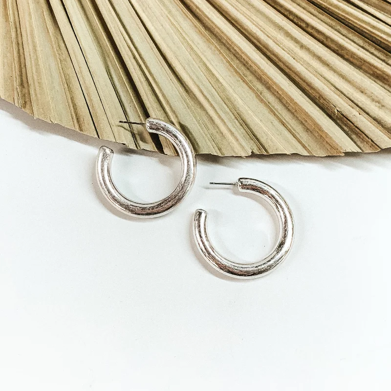 Hoop earrings with hammered copper for a warm and rustic aesthetic-Clean Slate Medium Hoop Earrings in Worn Silver Tone