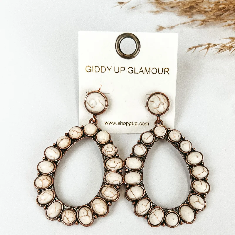 Hoop earrings with removable pendants for a versatile and customizable accessory-Copper Tone Circle Post Earrings and Open Teardrop Pendant with White Stones