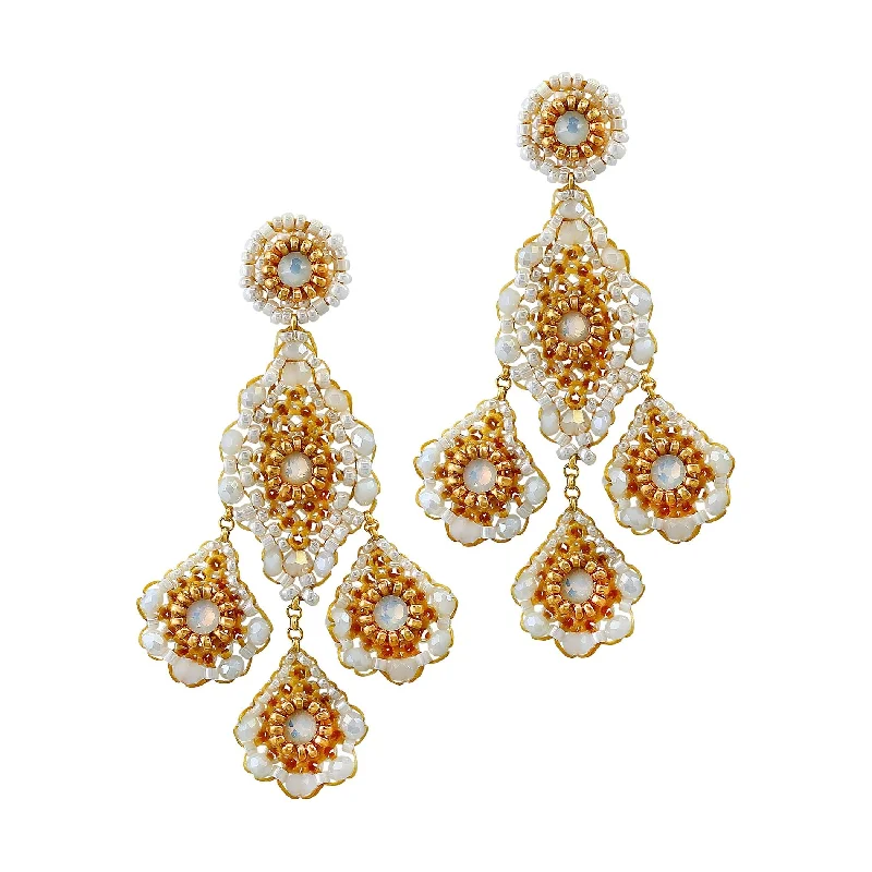 Best hoop earrings with baroque pearls for a luxurious and elegant vibe-MIGUEL ASES CHLOE GOLD & WHITE 3 DROP CHANDELIER