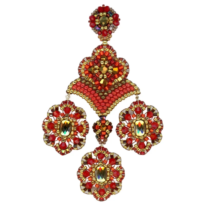 Best hoop earrings with delicate chain details for a trendy and stylish design-MIGUEL ASES RED AND GOLD 3 DROP BEADED CHANDELIER EARRINGS