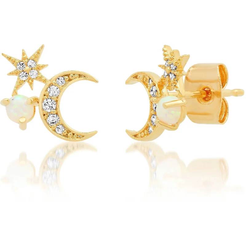 Hoop earrings with resin accents for a bold and colorful design-TAI Gold Pave Moon & Star CZ & Opal Studs