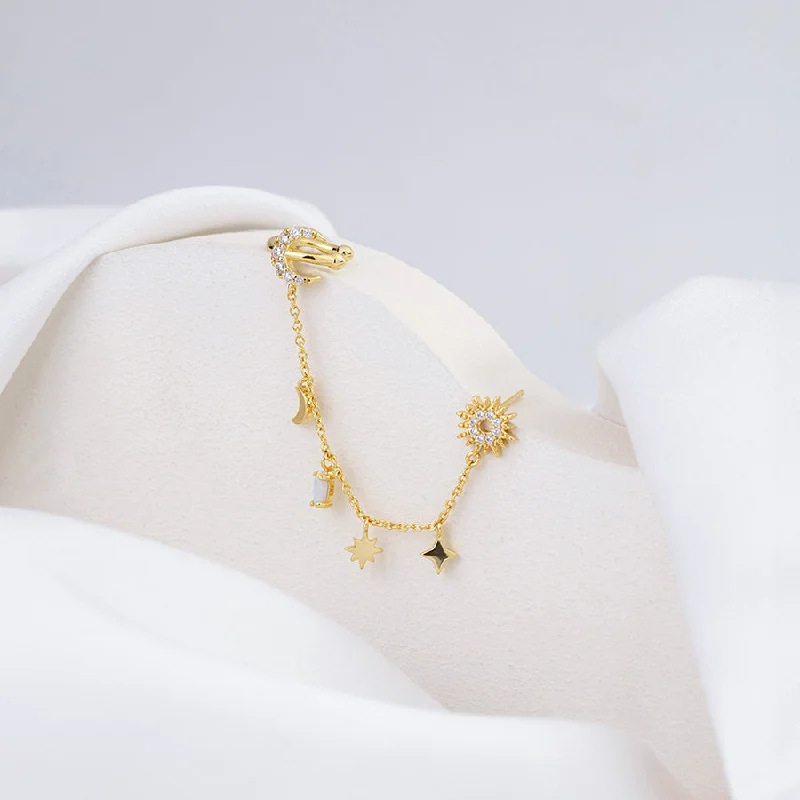 Classic hoop earrings with a thin profile for a sleek and subtle style-Cosmic Charms Gold Drop Chain Earring