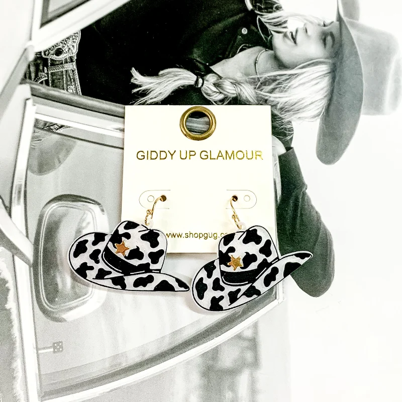 Best hoop earrings with intricate beaded details for a textured, stylish appearance-Cowboy Hat Dangle Earrings in Black Cow Print