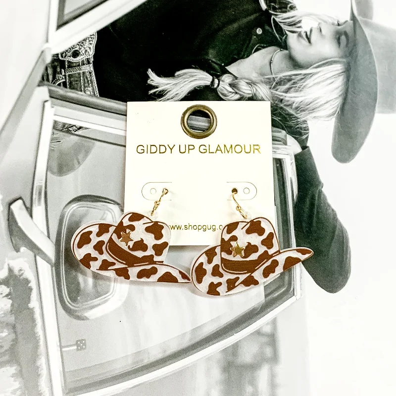 Classic hoop earrings with a thin profile for a sleek and subtle style-Cowboy Hat Dangle Earrings in Brown Cow Print