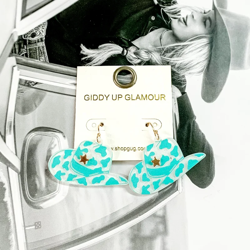 Best hoop earrings with geometric shapes for a modern and artistic appeal-Cowboy Hat Dangle Earrings in Turquoise Cow Print