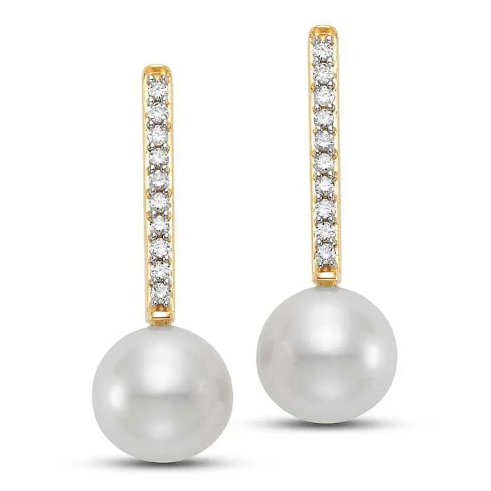 Best hoop earrings with gold-plated finishes for an affordable luxury vibe-Mastoloni 7-7.5mm Freshwater Cultured Pearl and Diamond Stick Earrings in 14K Yellow Gold