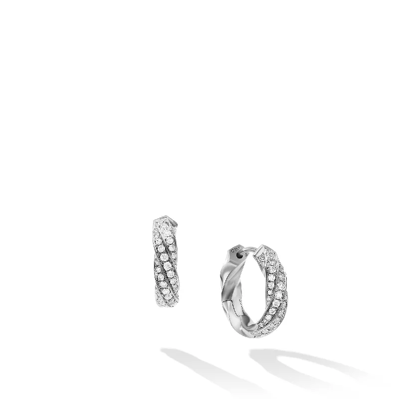 Hoop earrings with diamond-cut surfaces for added sparkle and shine-Cable Edge Huggie Hoop Earrings in Recycled Sterling Silver with Pave Diamonds