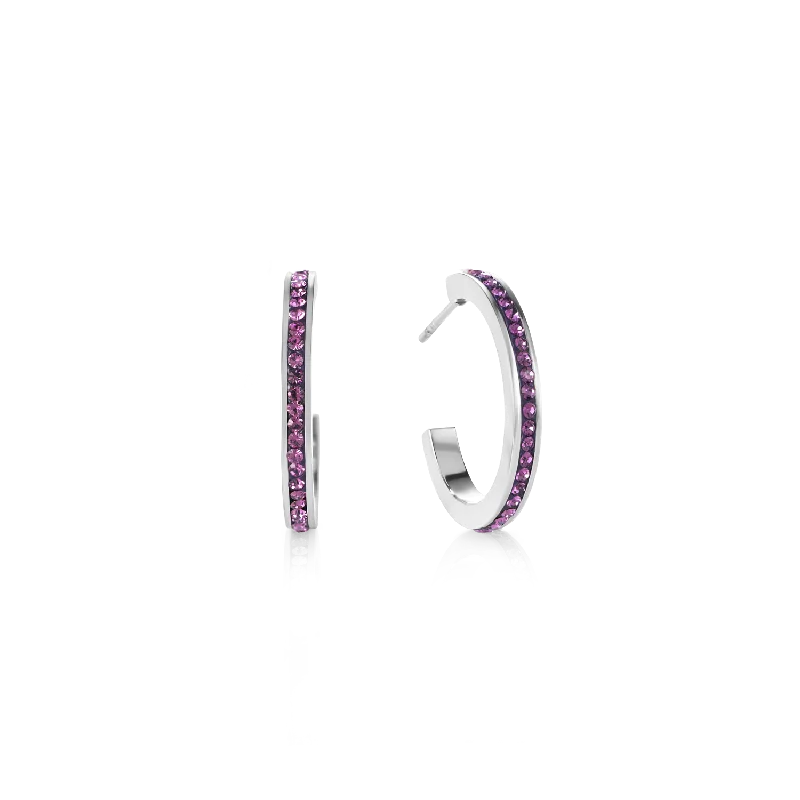 Best hoop earrings with braided leather for a rustic, stylish finish-Earrings creole 20 stainless steel silver & crystals pavé amethyst