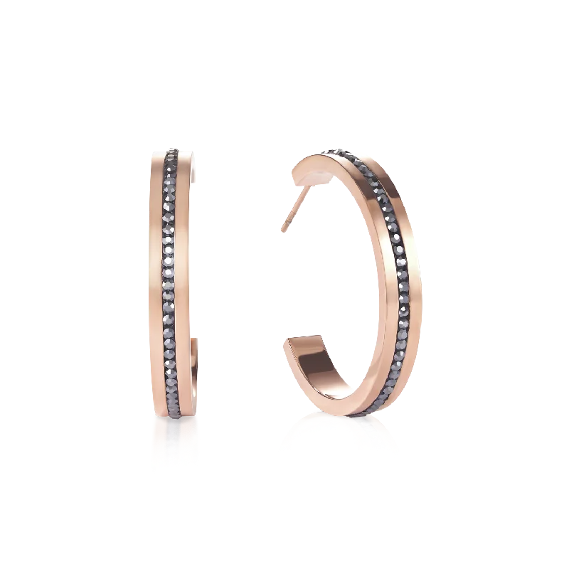 Best hoop earrings with asymmetrical designs for a fashion-forward, avant-garde look-Earrings creole 30 stainless steel rose gold & crystals pavé strip anthracite