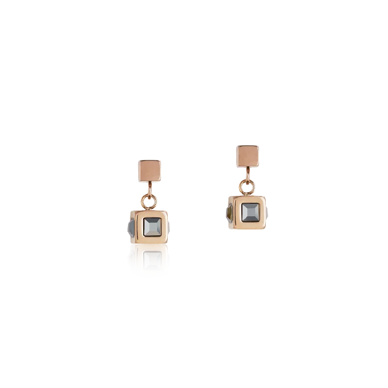 Best hoop earrings with satin ribbons for a soft, feminine appearance-Earrings cube stainlees steel rose gold & crystal anthracite