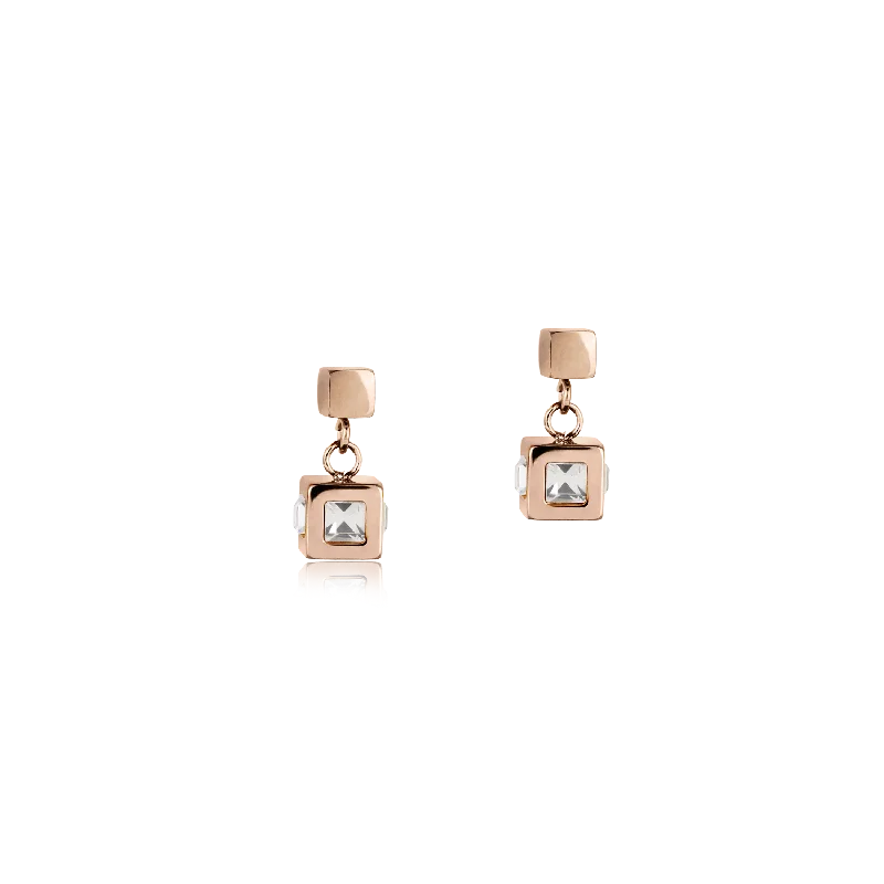 Hoop earrings with textured gold for a refined and sophisticated aesthetic-Earrings cube stainlees steel rose gold & crystal