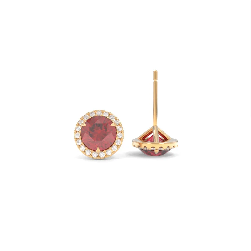 Hoop earrings with luxe velvet finishes for a rich and luxurious touch-Halo Studs - 6.5mm Round Lab Grown Rubies - 18K Champagne Gold