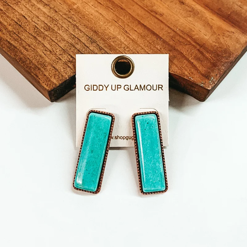 Hoop earrings with open designs for a modern, lighthearted vibe-Large Rectangle Faux Stone Copper Tone Earrings in Turquoise