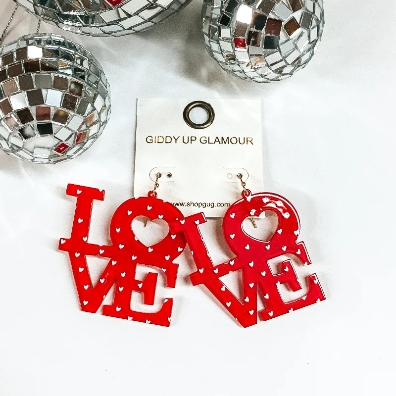 Hoop earrings with luxe velvet finishes for a rich and luxurious touch-LOVE Acrylic Block Letter Earrings in Red with White Hearts