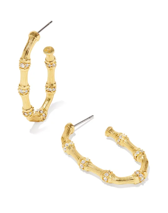 Best hoop earrings with lever-back closures for secure and easy wear-Maura Yellow Gold White Crystal Bamboo Hoop Earrings by Kendra Scott