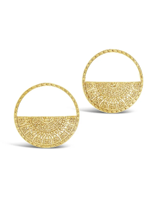 Hoop earrings with twisted metal designs for a dynamic and modern style-Medallion Half Circle Studs