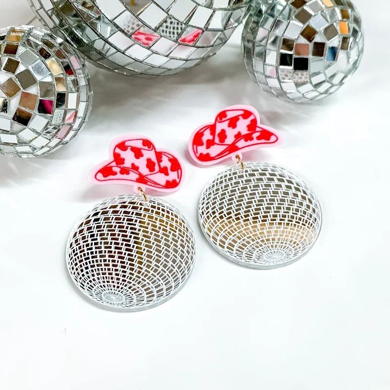 Hoop earrings with dangling charms for a playful and fun look-Pink Cow Print Cowboy Hat Earrings with a Disco Ball Drop