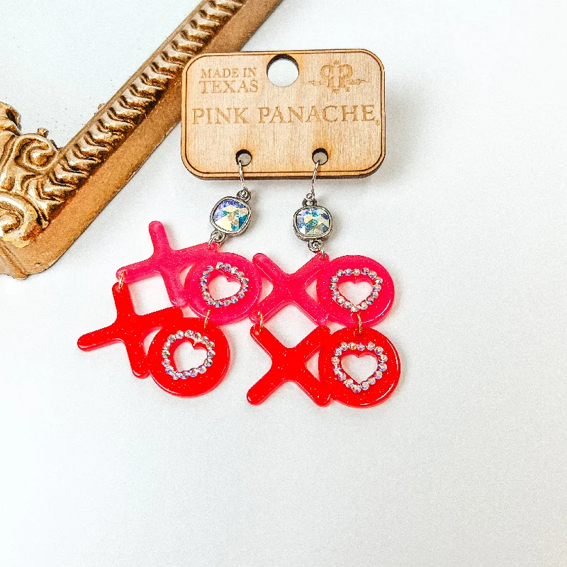 Best hoop earrings with turquoise stones for a bohemian-inspired vibe-Pink Panache | Cushion Cut AB Crystal with XOXO Acrylic Letter Earrings in Pink and Red