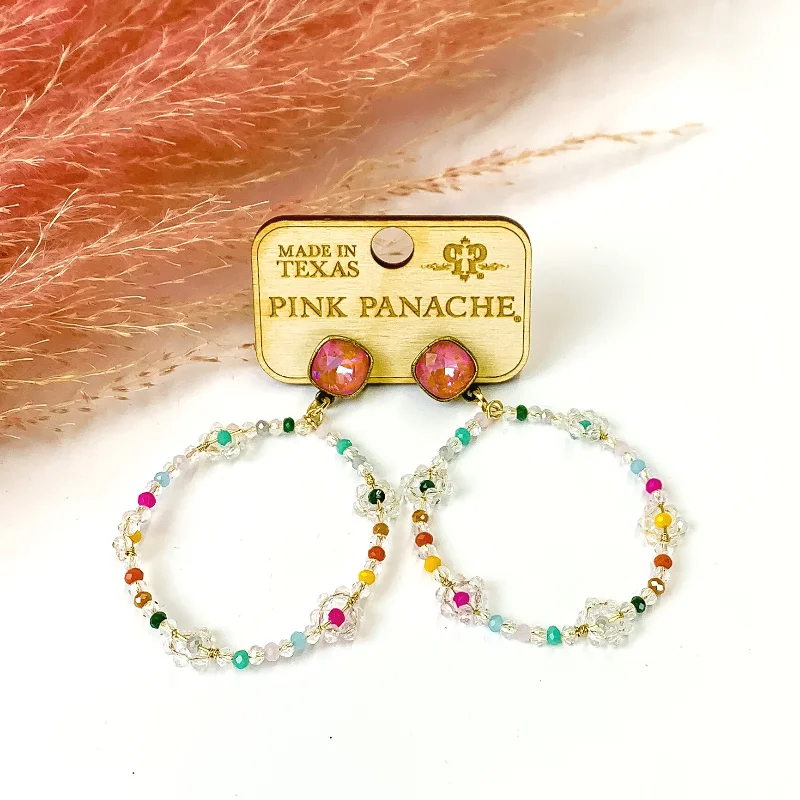 Hoop earrings with floral motifs for a feminine and nature-inspired look-Pink Panache | Orange Delite Cushion Cut Post Back Earrings with Multicolor and Clear Beaded Flowers