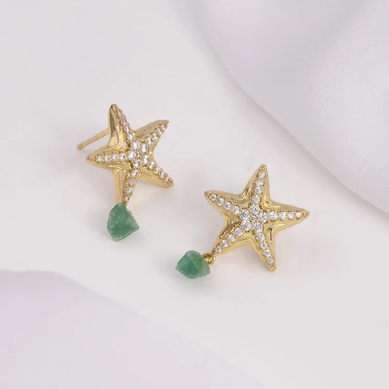 Hoop earrings with leather accents for a sleek and bold combination-Starfish Aventurine Gold Earrings