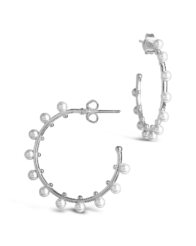 Hoop earrings with enamel stripes for a colorful and eye-catching design-Sterling Silver 1" Pearl Studded Hoops