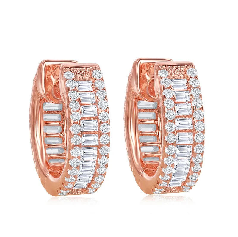 Best hoop earrings with gold-plated finishes for an affordable luxury vibe-Sterling Silver Baguette CZ Small Hoop Earrings - Rose Gold Plated