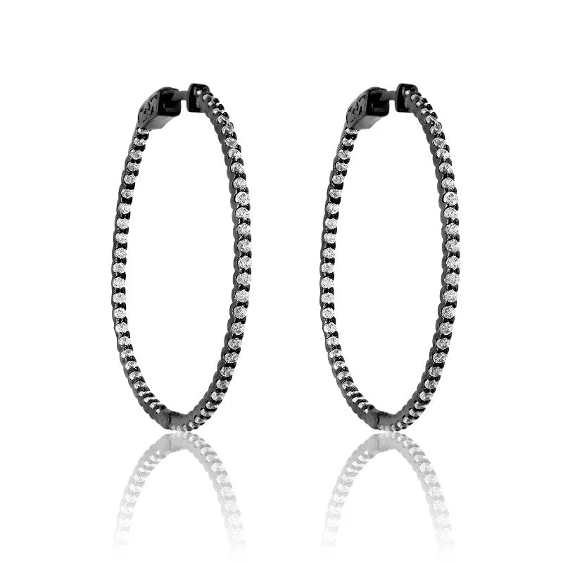 Hoop earrings with faceted crystals for added sparkle and shine-Sterling Silver Black Plated Inside Outside CZ Large Hoop Earrings