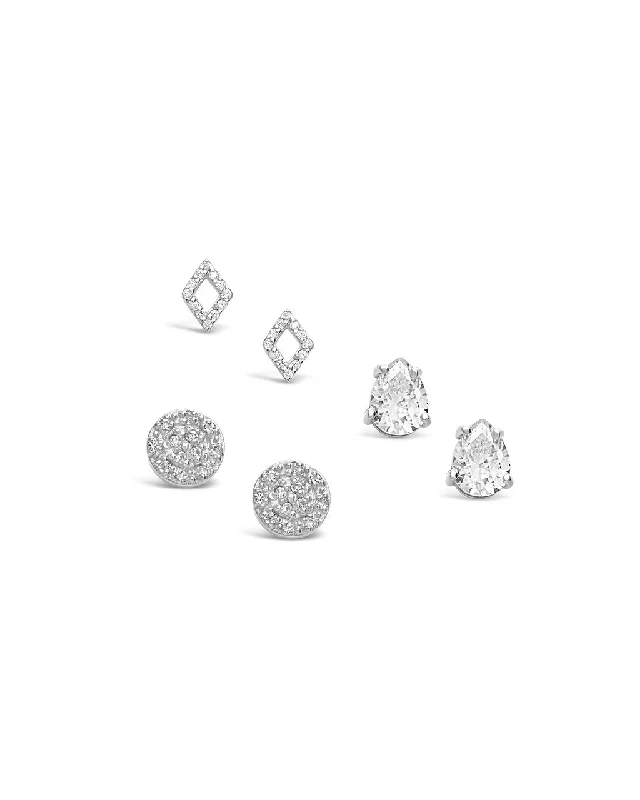 Best hoop earrings with geometric cuts for a sharp, modern appeal-Sterling Silver CZ Geo Stud Set of 3