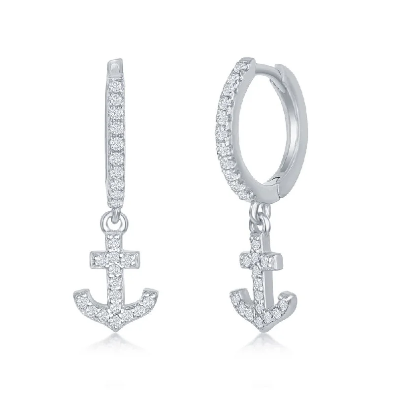 Hoop earrings with a matte finish for a sleek and sophisticated appearance-Sterling Silver Small Huggie Hoop CZ Anchor Earring