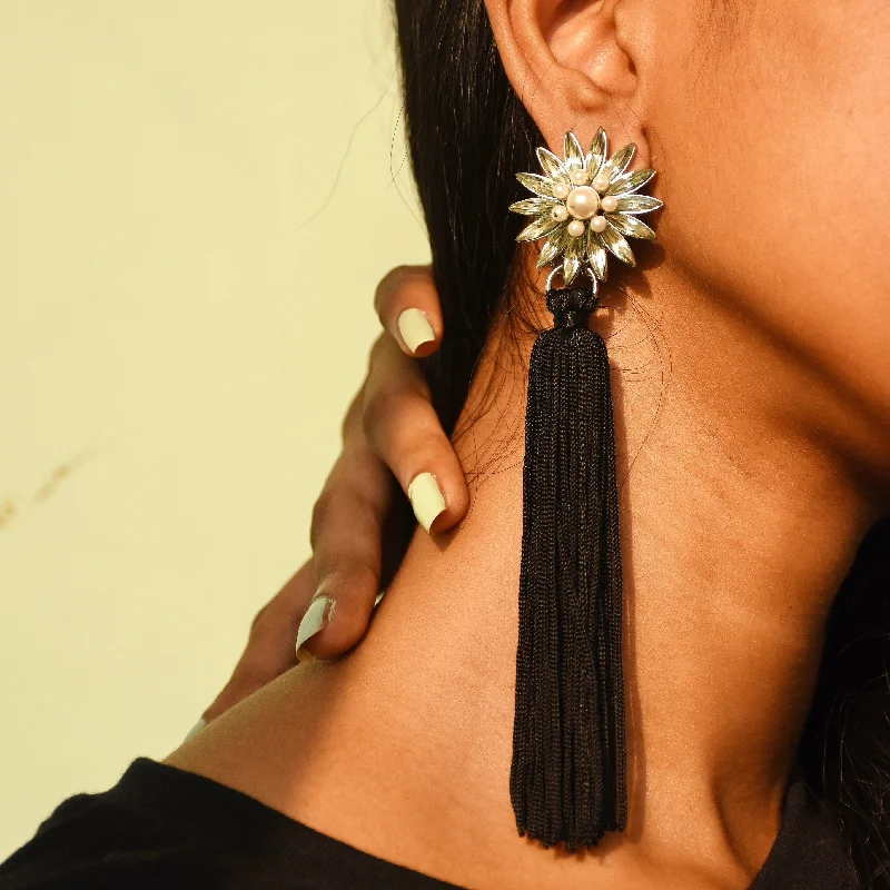 Best hoop earrings with geometric triangle shapes for a modern, chic design-Midnight Sunflower Thread Earrings