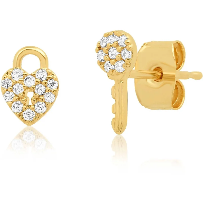 Best hoop earrings with smooth ceramic finishes for a polished, clean style-TAI PAVE CZ HEART LOCK AND KEY STUDS