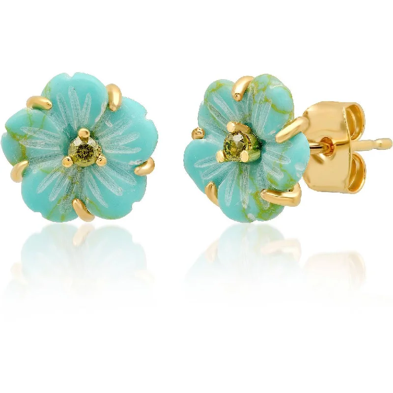 Hoop earrings with twisted leather for a chic and modern boho look-TAI TURQUOISE AND CZ FLOWER STUDS