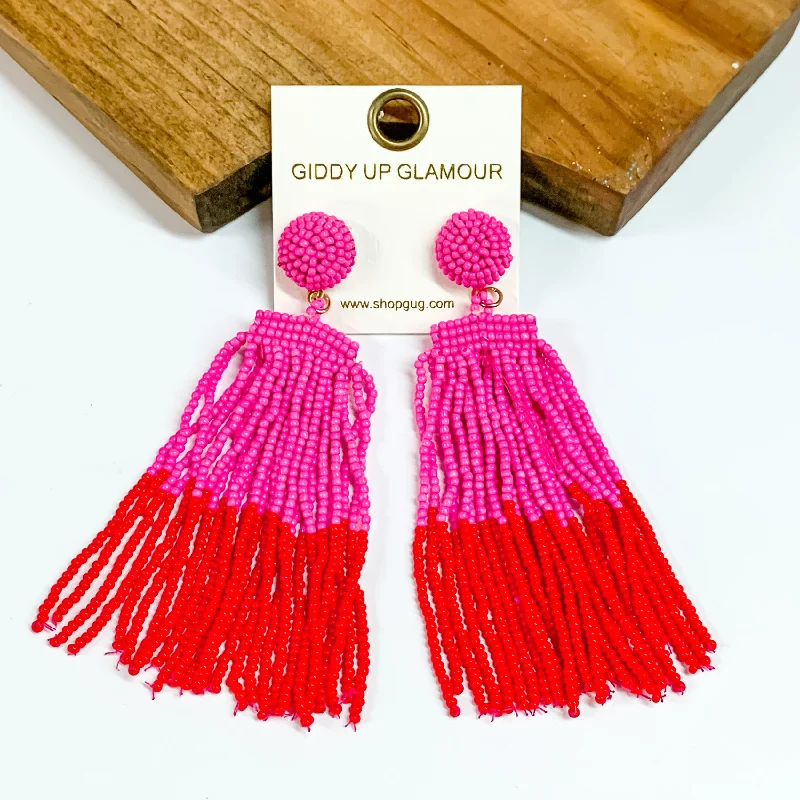 Best hoop earrings with oval shapes for a unique and elongated design-Two Toned Beaded Tassel Fringe Earrings in Fuchsia Pink & Red