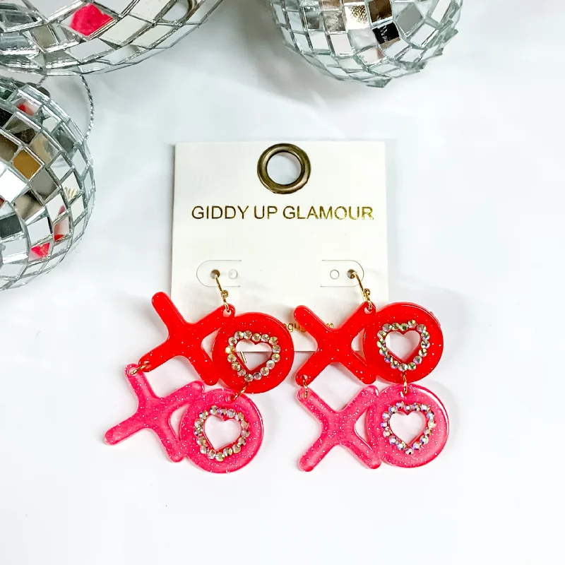 Hoop earrings with resin accents for a bold and colorful design-XOXO Acrylic Letter Earrings with AB Crystals in Pink and Red