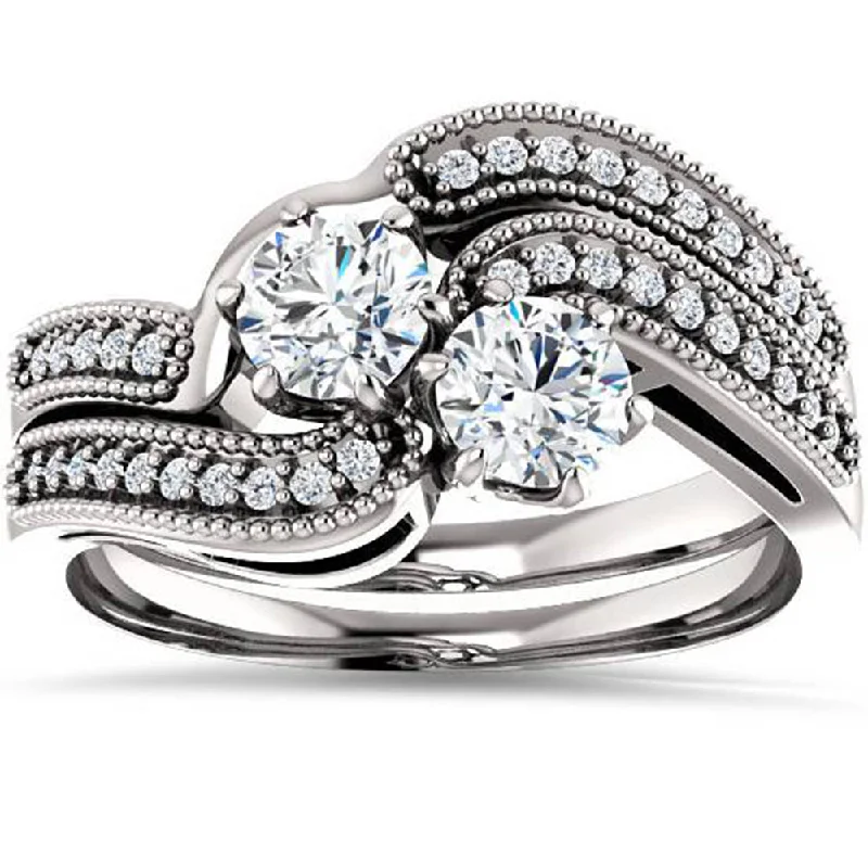 Rings with starburst topaz for radiant beauty -1.00CT Two Stone Diamond Forever Us Engagement Ring Set 10K White Gold