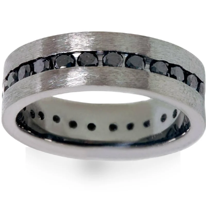 Rings with raw garnet stones for texture -1 1/10ct Black Diamond Brushed Wedding Mens Eternity Band 14K Black Gold