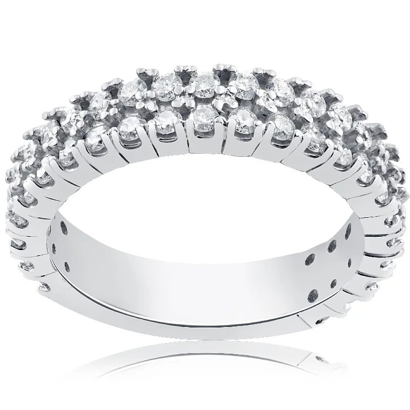 Rings with sleek black agate for edge -1 1/2 ct Half Eternity Double Row Diamond Wedding Stackable Ring 14K White Gold