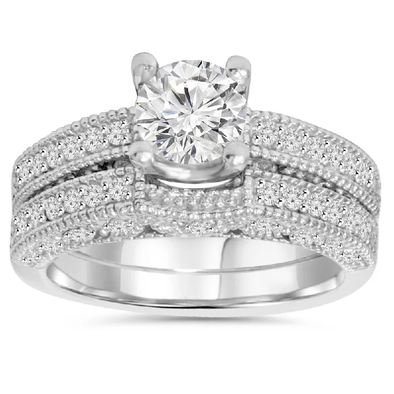 Rings with pave-set gemstones for brilliance -1 1/2ct Antique Diamond Ring Set 14K White Gold