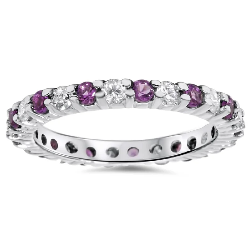 Rings with twisted rose gold band designs -1 1/2ct Diamond & Amethyst Eternity Stackable Ring 14K White Gold